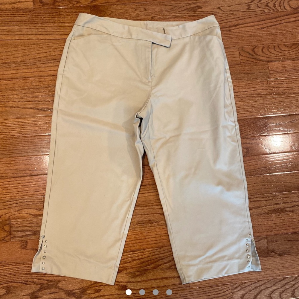 khaki beige petite capris with detailing on bottom